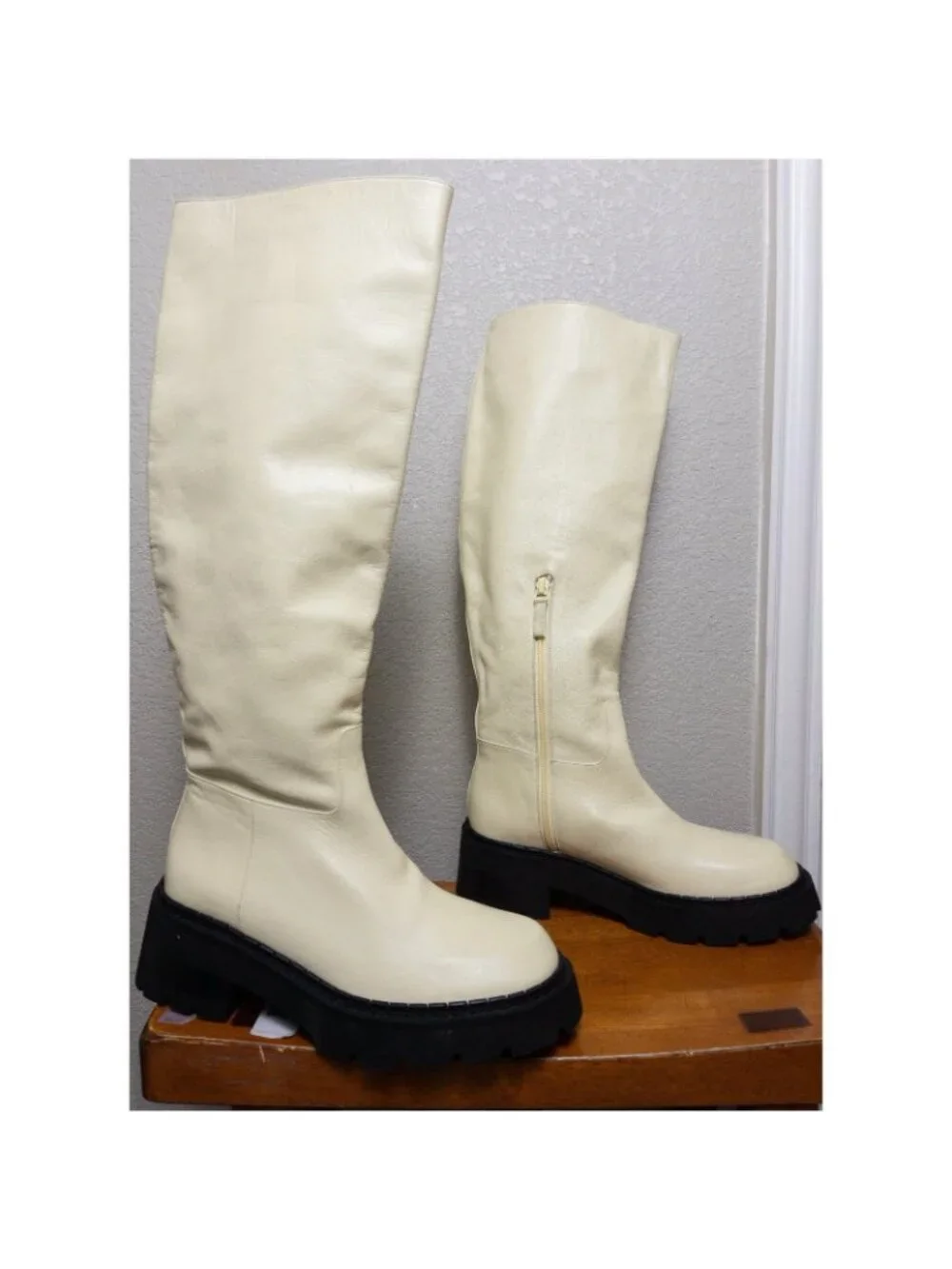 By FAR Russel Lamb Leather Knee High Boot 38 Ivory 8 Chunky Lug Platform NWT